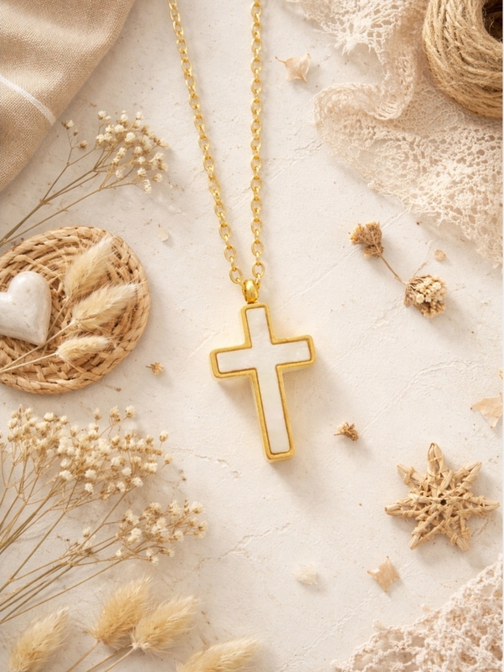 Gold Cross Pendant Necklace with White Inlay - Women Jewelry
